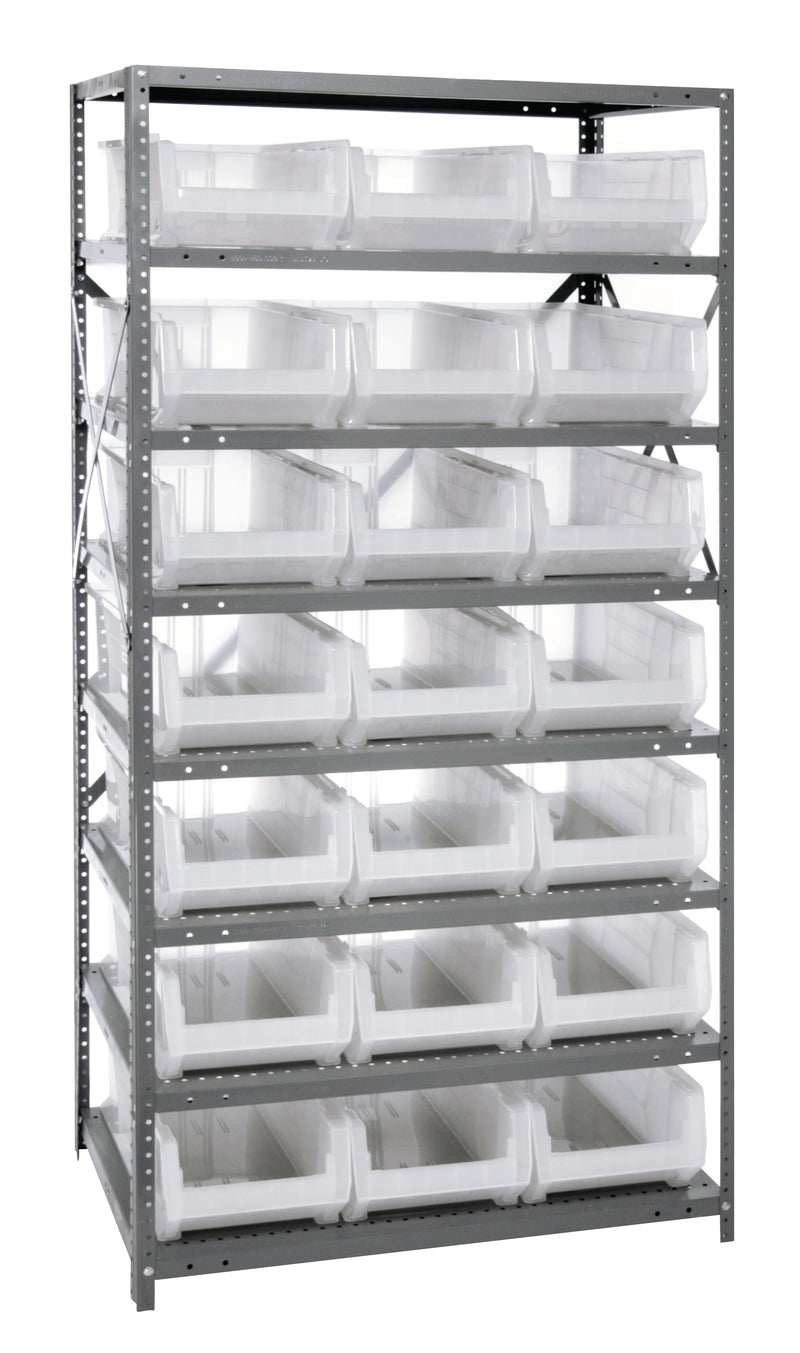 Quantum Clear-View Steel Shelving with Clear Containers – 24" x 36" x 75" – 2475-20-MIXCL to 2475-954CL – 2475-952CL – Clear