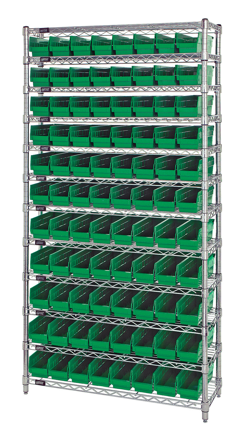 Quantum Economy 4" Shelf Bin Wire Shelving Systems with Bins – 12" x 36" x 74" – WR12-101 – Green