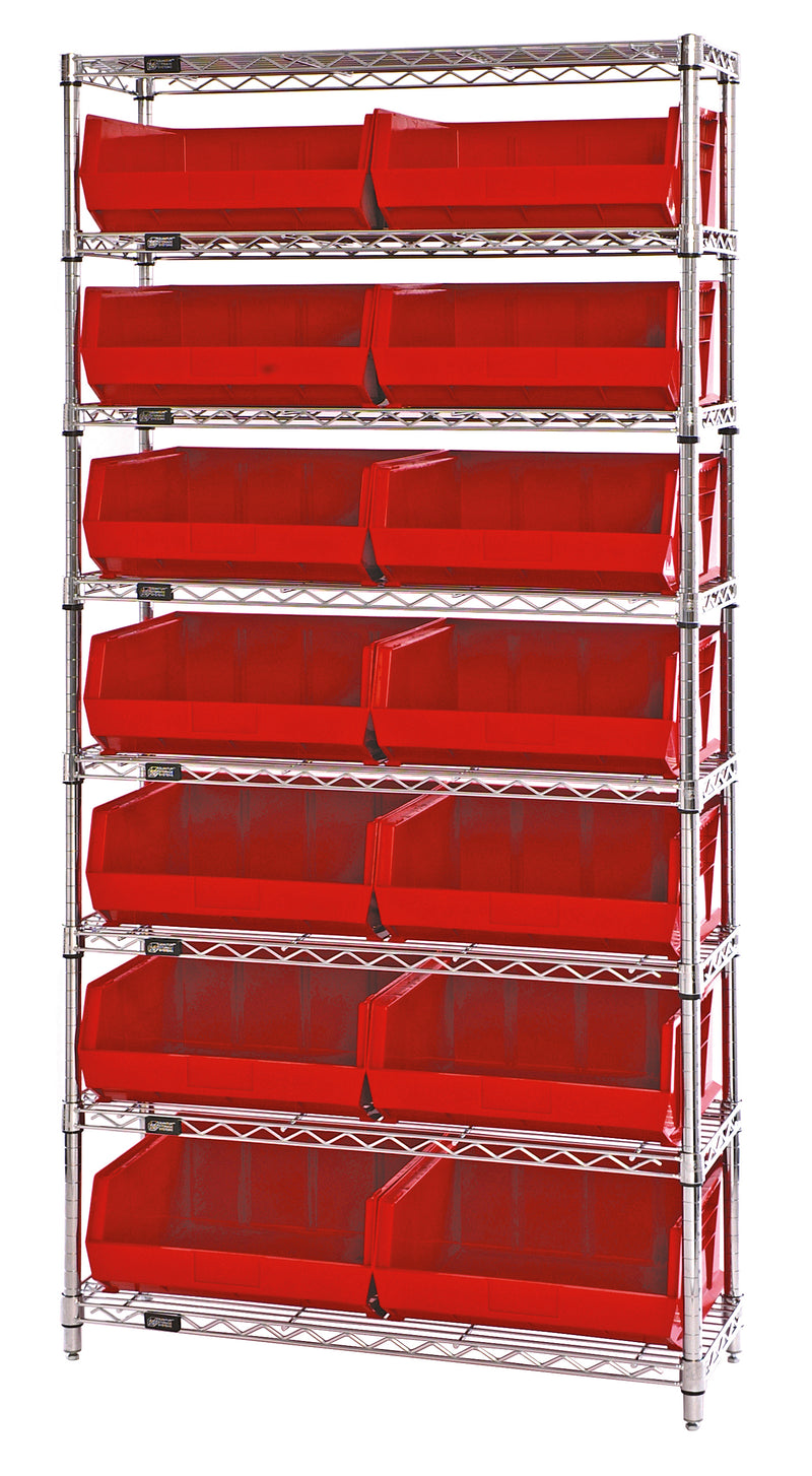 Quantum Stack & Hang Wire Shelving with Bins – 36" x 14" x 74" – WR8-250 – Red