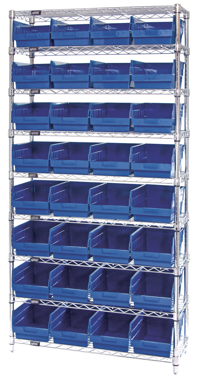 Quantum Store-More 6" Shelf Bin Wire Shelving Systems with Bins – 12" x 36" x 74" – WR9-207 – Blue