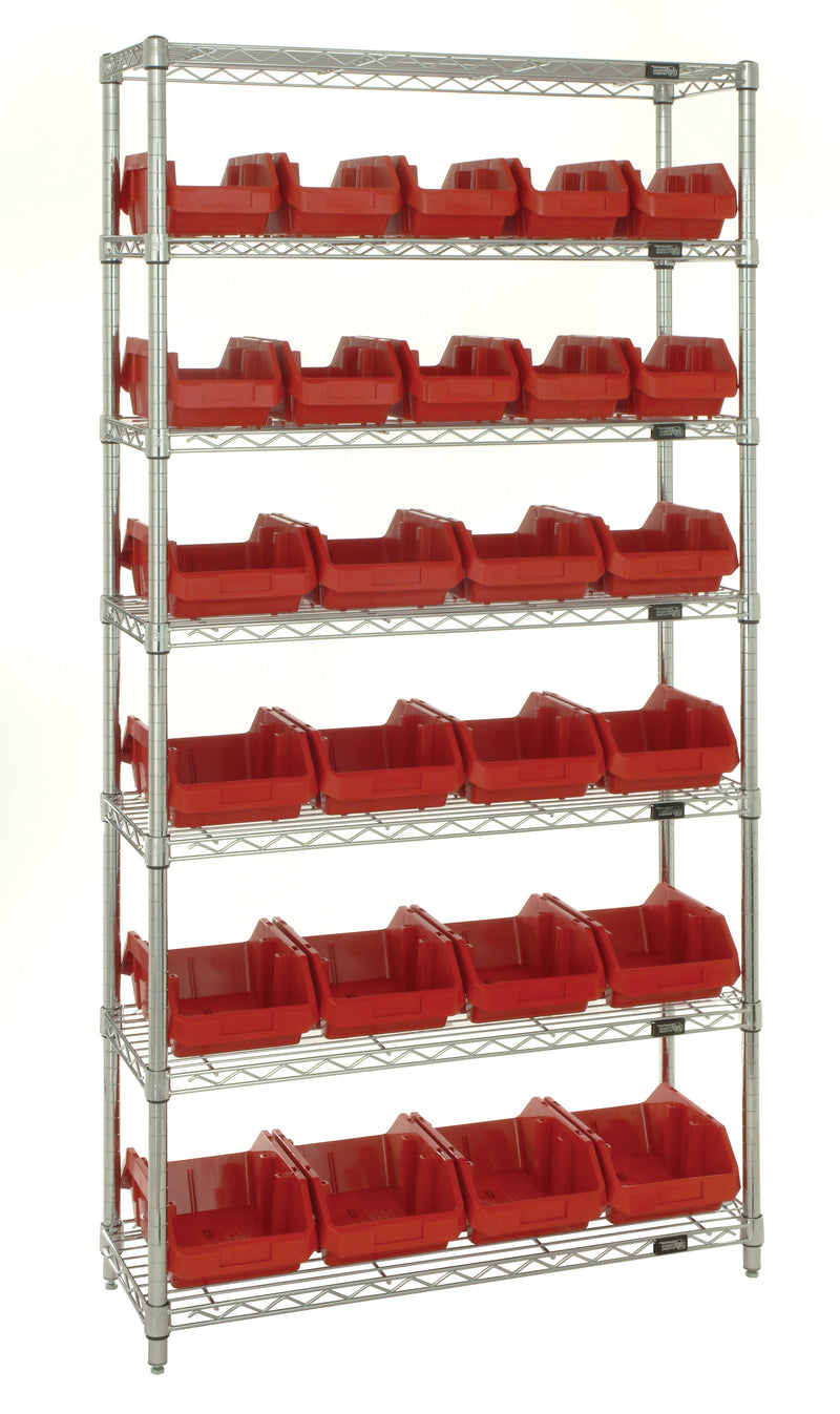 Quantum QuickPick Heavy-Duty Wire Shelving with QuickPick Bins – Complete Package – 36" x 18" x 74" – W7-18-26 to W7-18-30 – W7-18-26 – Red
