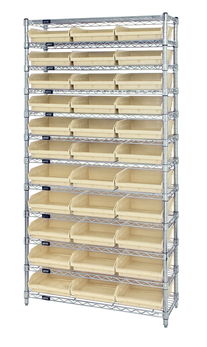 Quantum Economy 4" Shelf Bin Wire Shelving Systems with Bins – 24" x 36" x 74" – WR12-116 – Ivory