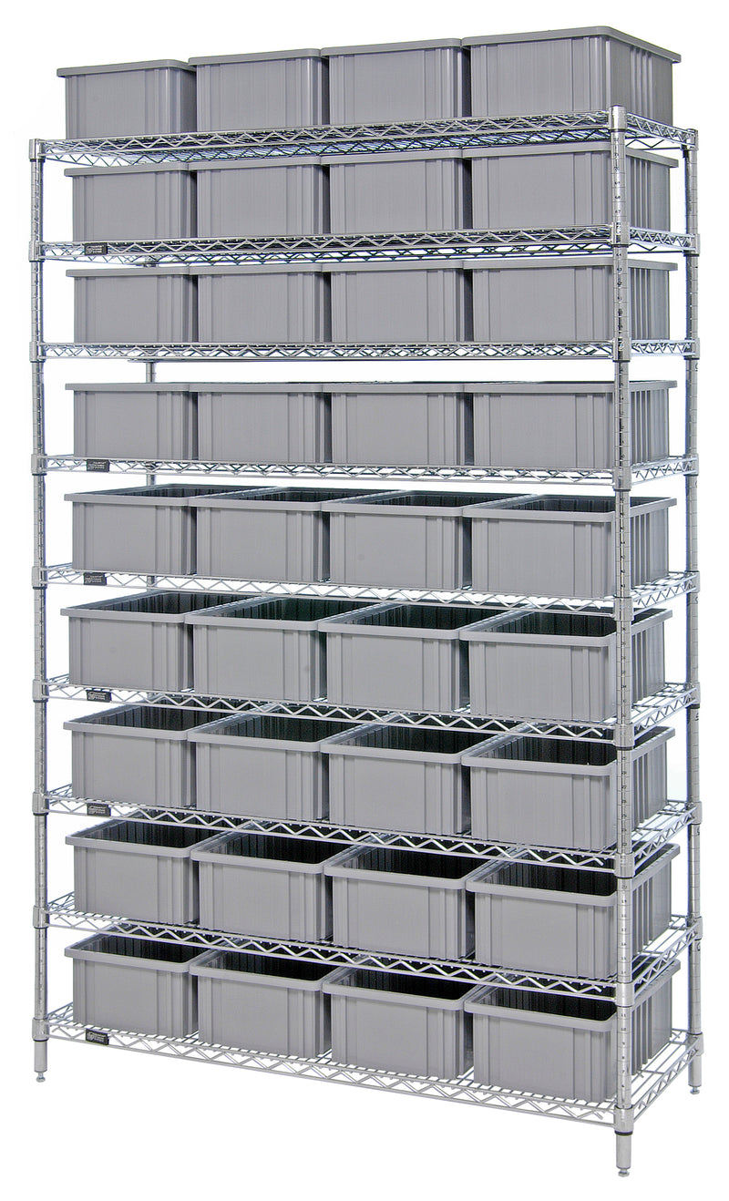 Quantum chrome wire shelving with dividable grid containers