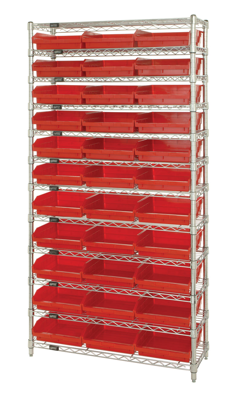 Quantum Economy 4" Shelf Bin Wire Shelving Systems with Bins – 18" x 36" x 74" – WR12-110 – Red