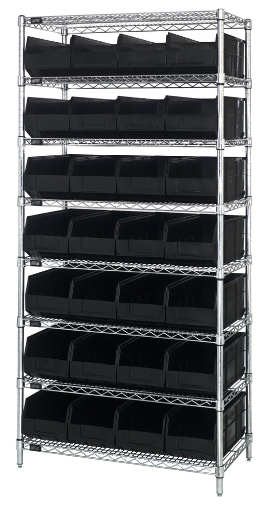 Quantum Wire Shelving with Stackable Shelf Bins – 12" x 36" x 75" – WR8-423 – Black
