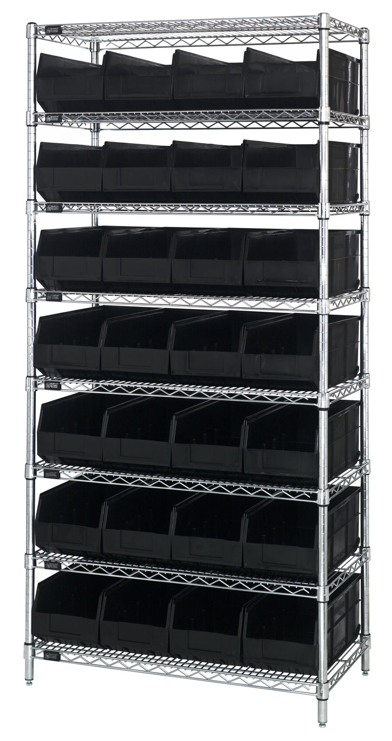 Quantum Wire Shelving with Stackable Shelf Bins – 12" x 36" x 75" – WR8-423 – Black