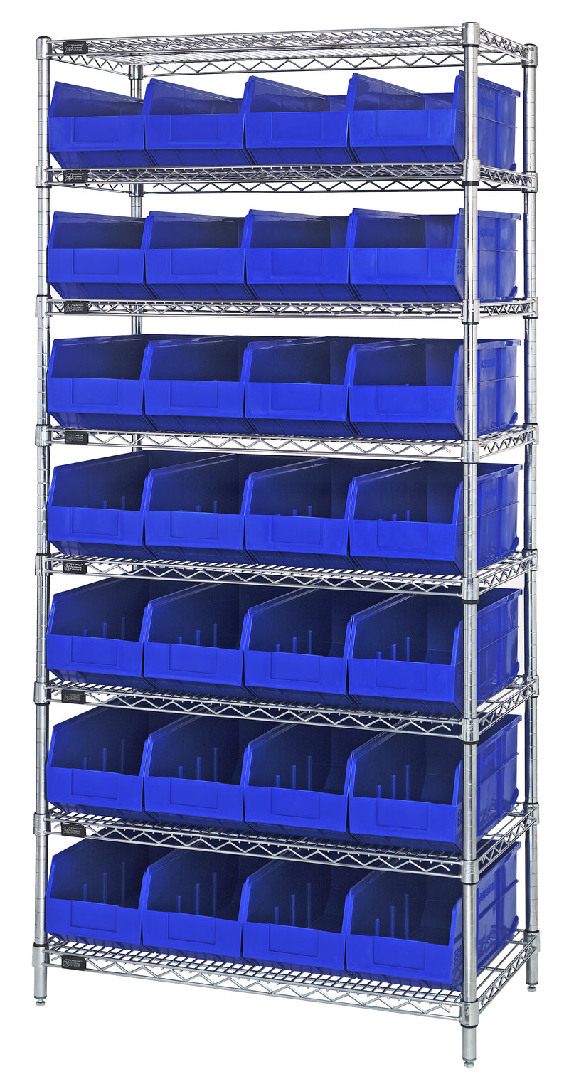 Quantum Wire Shelving with Stackable Shelf Bins – 21" x 36" x 74" – WR8-483 – Blue