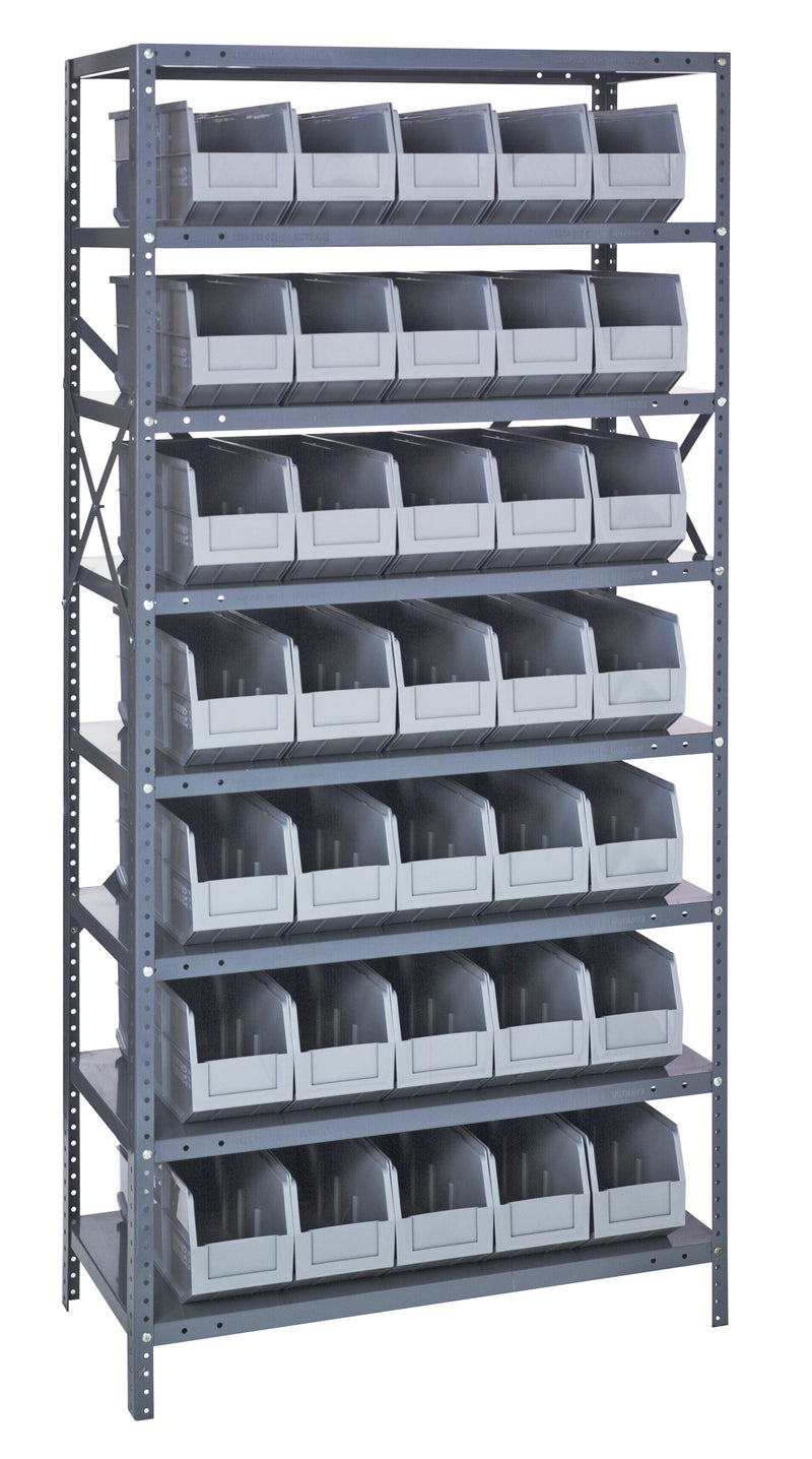 Quantum Steel Shelving with Stackable Shelf Bins – 1275-423 to 1875-461 – 1275-441 – Gray