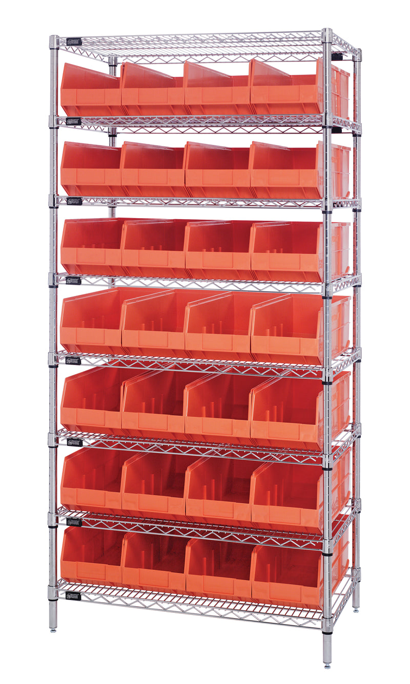 Quantum Wire Shelving with Stackable Shelf Bins – 21" x 36" x 74" – WR8-485 – Orange