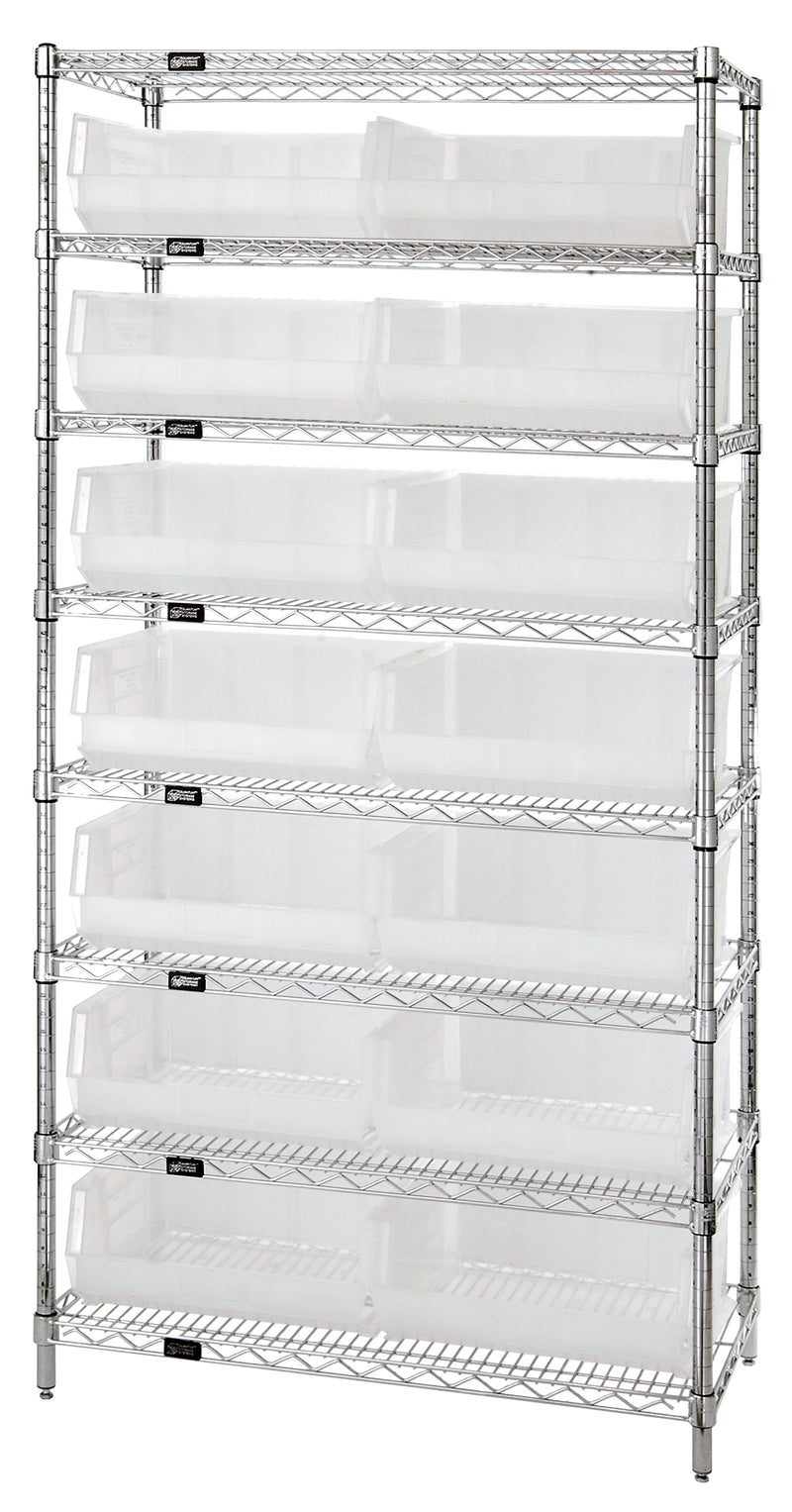 Quantum Clear-View Wire Shelving with Clear Bins – 14" x 36" x 74" – WR8-250CL – Clear