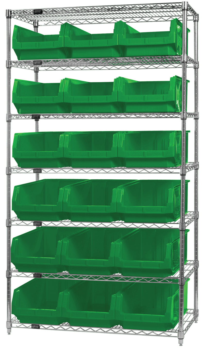 Quantum Magnum Wire Shelving Systems with Bins – 42" x 18" x 74" – WR7-532 – Green