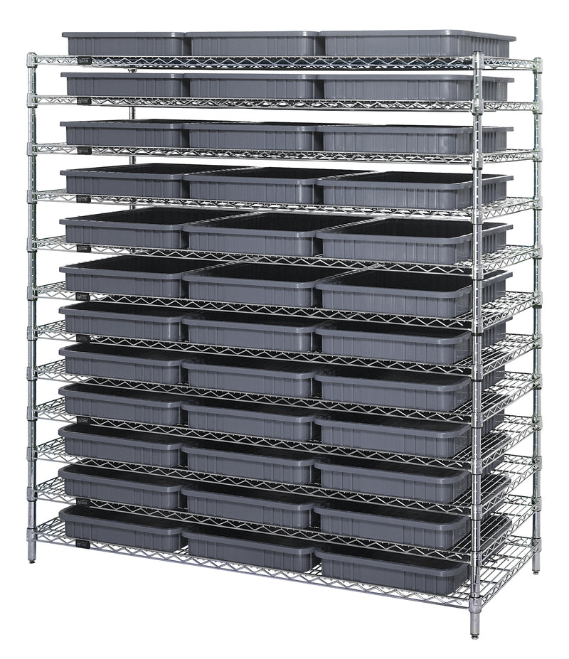 Quantum chrome wire shelving with dividable grid containers