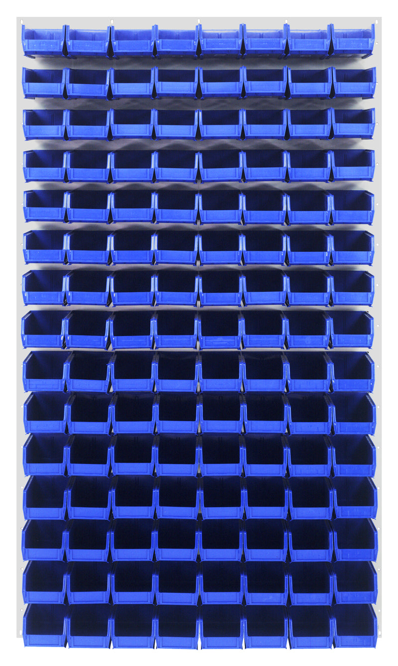 Quantum Louvered Panels with Bins – 36" x 61" – Oyster White – 120 QUS220 Bins – Blue