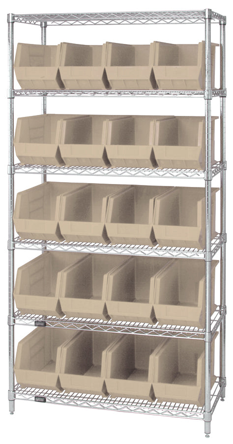 Quantum Stack & Hang Wire Shelving with Bins – 36" x 18" x 74" – WR6-265 – Ivory