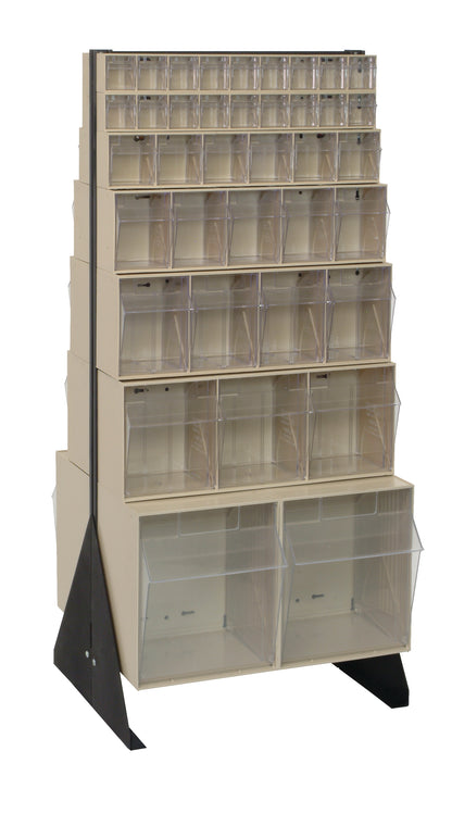 Tall shelving unit with multiple compartments on a white background