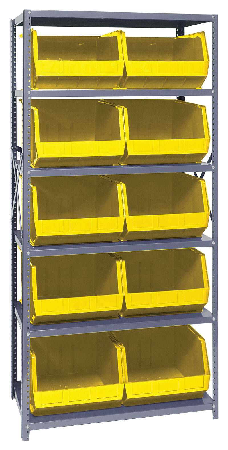 Storage rack with yellow bins on a blue metal frame