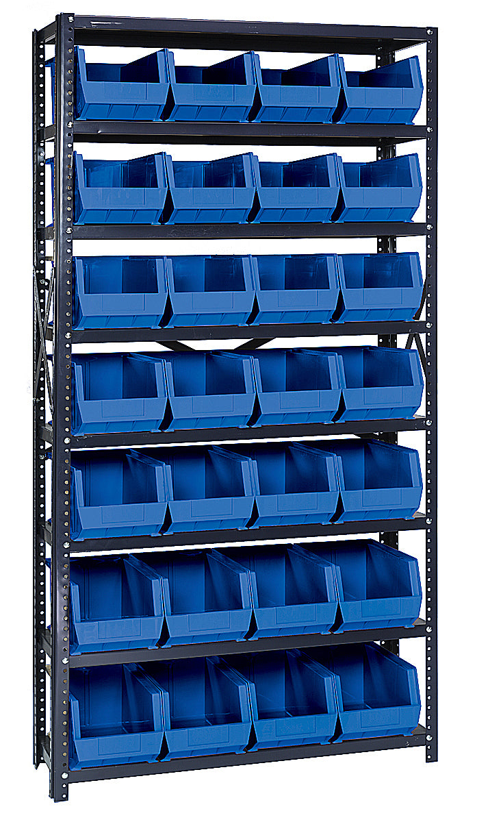 Quantum Stack & Hang Steel Shelving with Bins – 12" x 36" x 75" – QSBU-240 – Blue