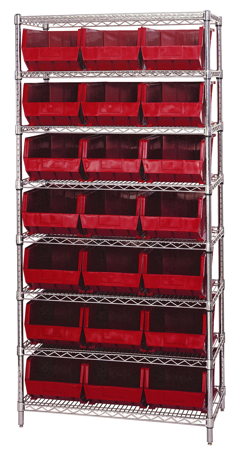 Quantum Stack & Hang Wire Shelving with Bins – 36" x 18" x 74" – WR8-255 – Red