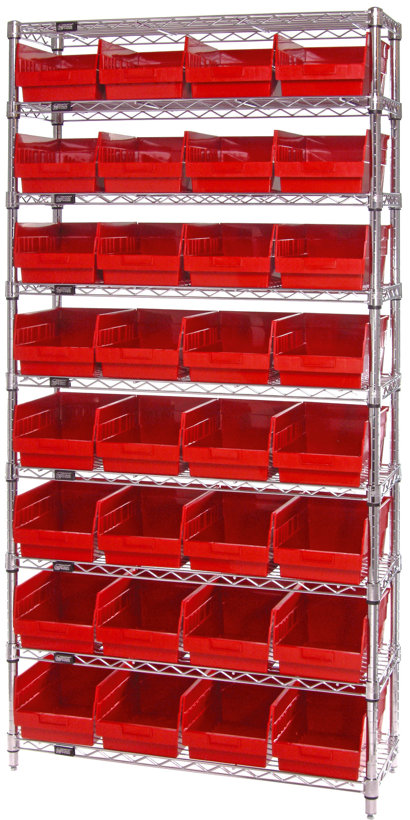 Quantum Store-More 6" Shelf Bin Wire Shelving Systems with Bins – 12" x 36" x 74" – WR9-207 – Red