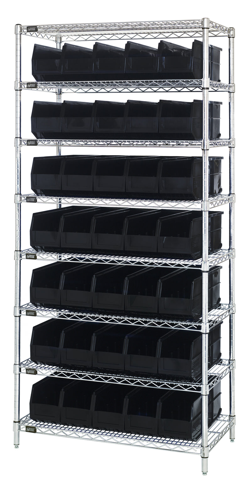 Quantum Wire Shelving with Stackable Shelf Bins – 14" x 36" x 74" – WR8-441 – Black