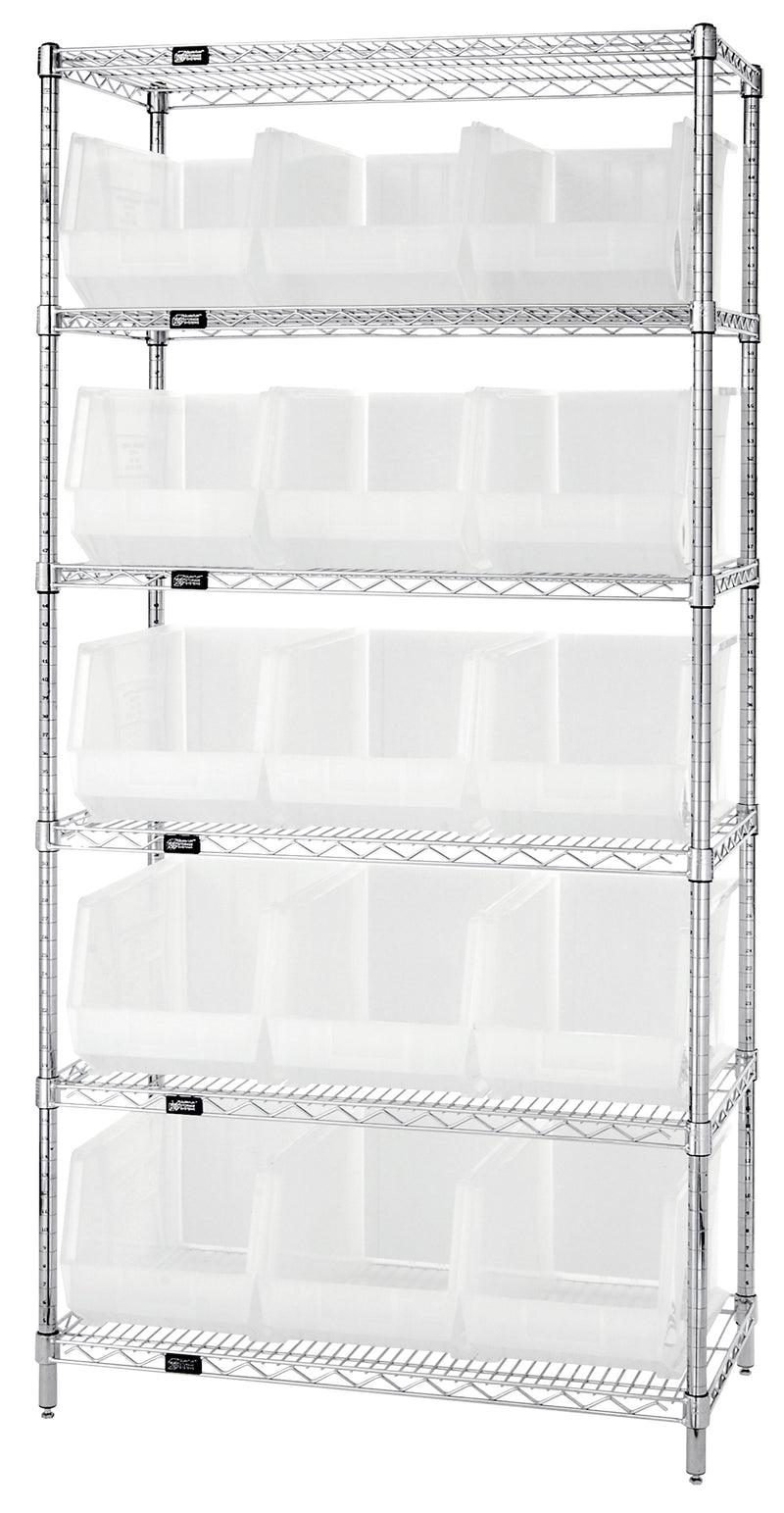 Quantum Clear-View Wire Shelving with Clear Bins – 18" x 36" x 74" – WR6-260CL – Clear