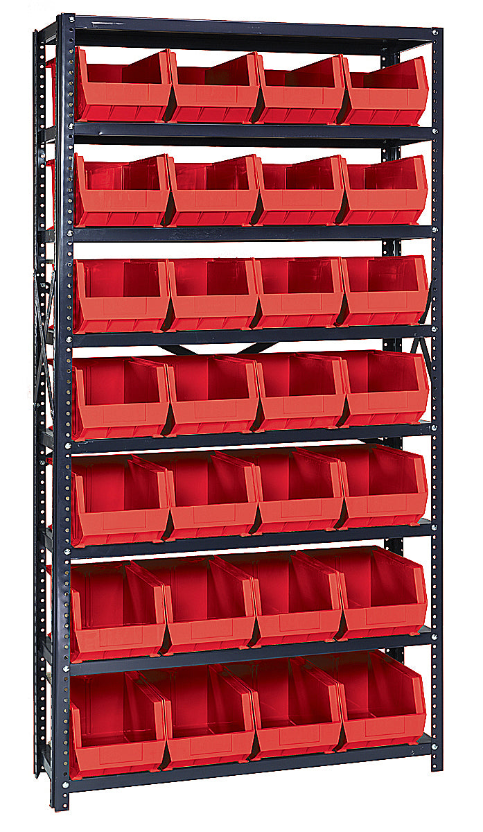 Quantum Stack & Hang Steel Shelving with Bins – 12" x 36" x 75" – QSBU-240 – Red