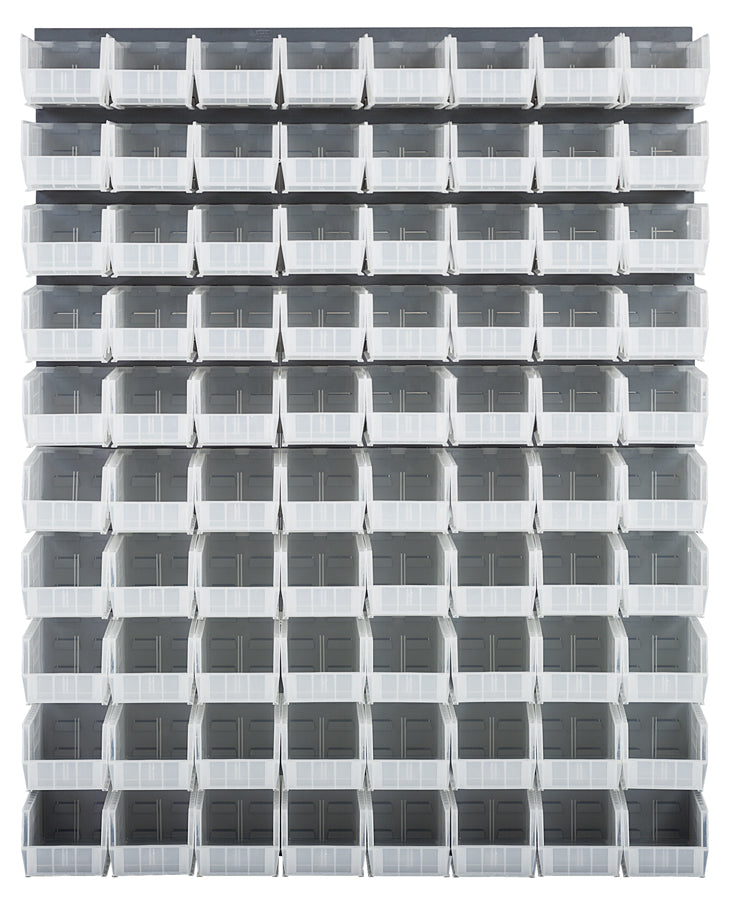 Quantum Louvered Panels with Bins – 48" x 61" – Gray – 80 QUS230 Bins – Clear