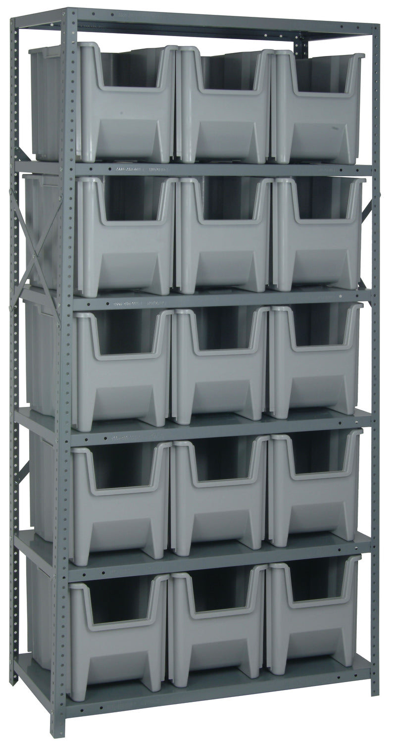Quantum Giant Stack Steel Shelving with Bins – 18" x 36" x 75" – QSBU-600 – Gray
