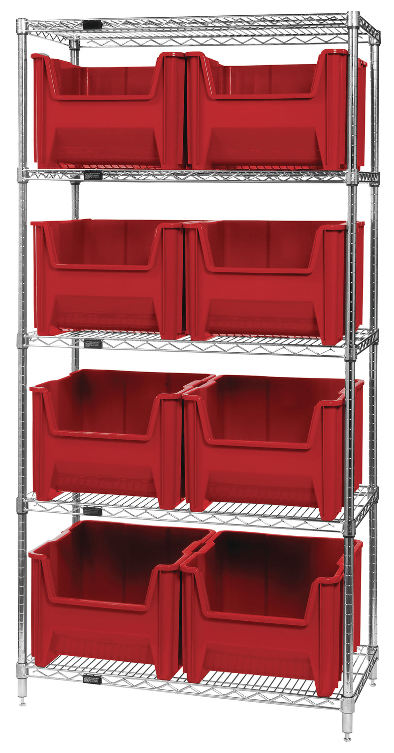 Quantum Giant Stack Wire Shelving with Bins – 36" x 18" x 74" – WR5-800 – Red
