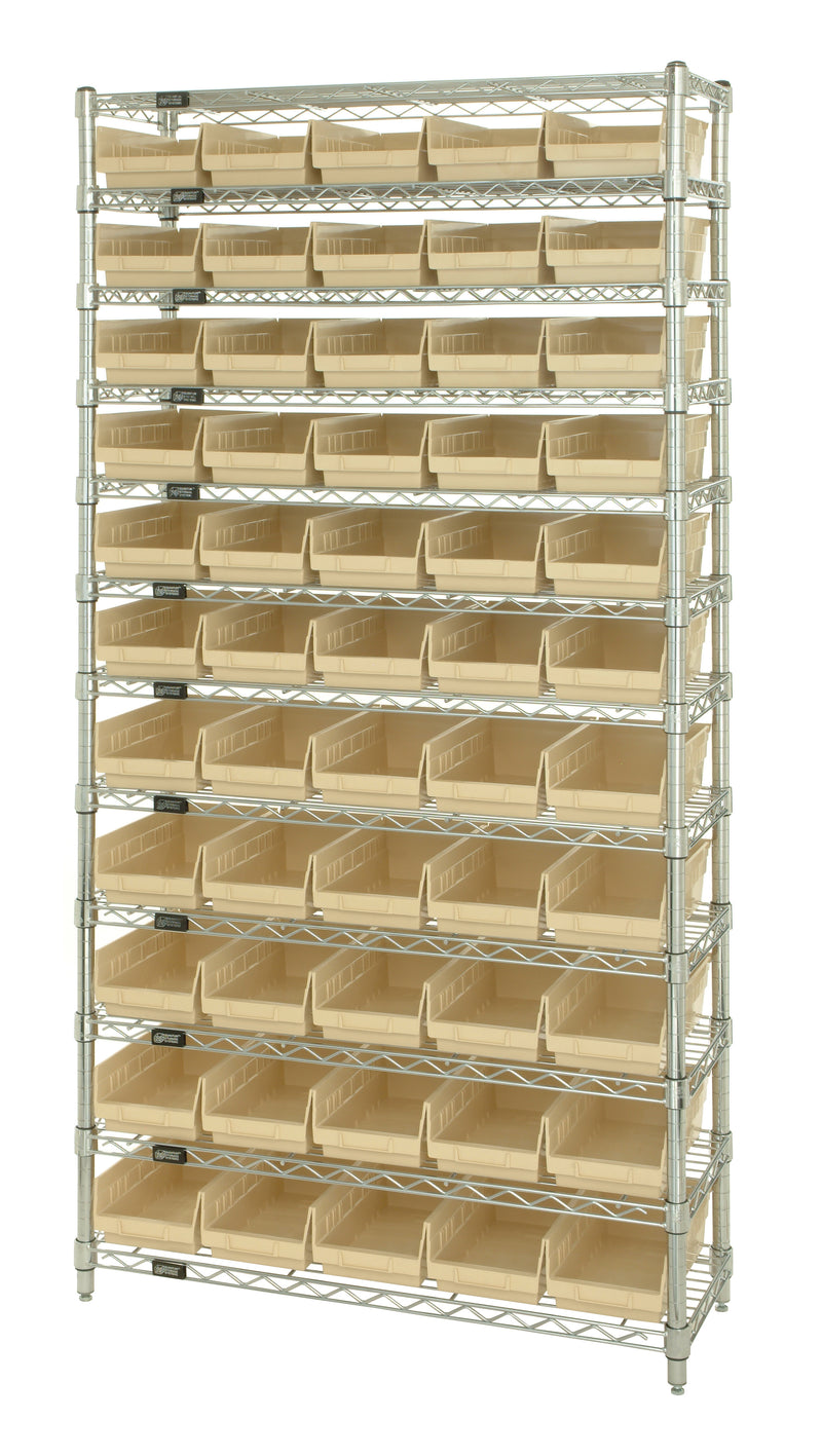 Quantum Economy 4" Shelf Bin Wire Shelving Systems with Bins – 24" x 36" x 74" – WR12-106 – Ivory