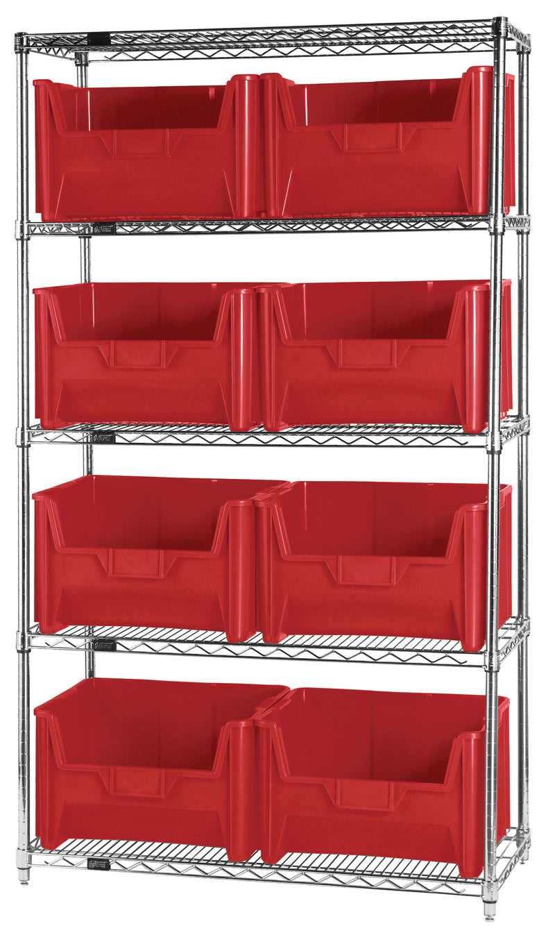 Quantum Giant Stack Wire Shelving with Bins – 42" x 18" x 74" – WR5-700 – Red