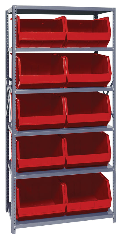 Metal shelving unit with red storage bins on a gray background