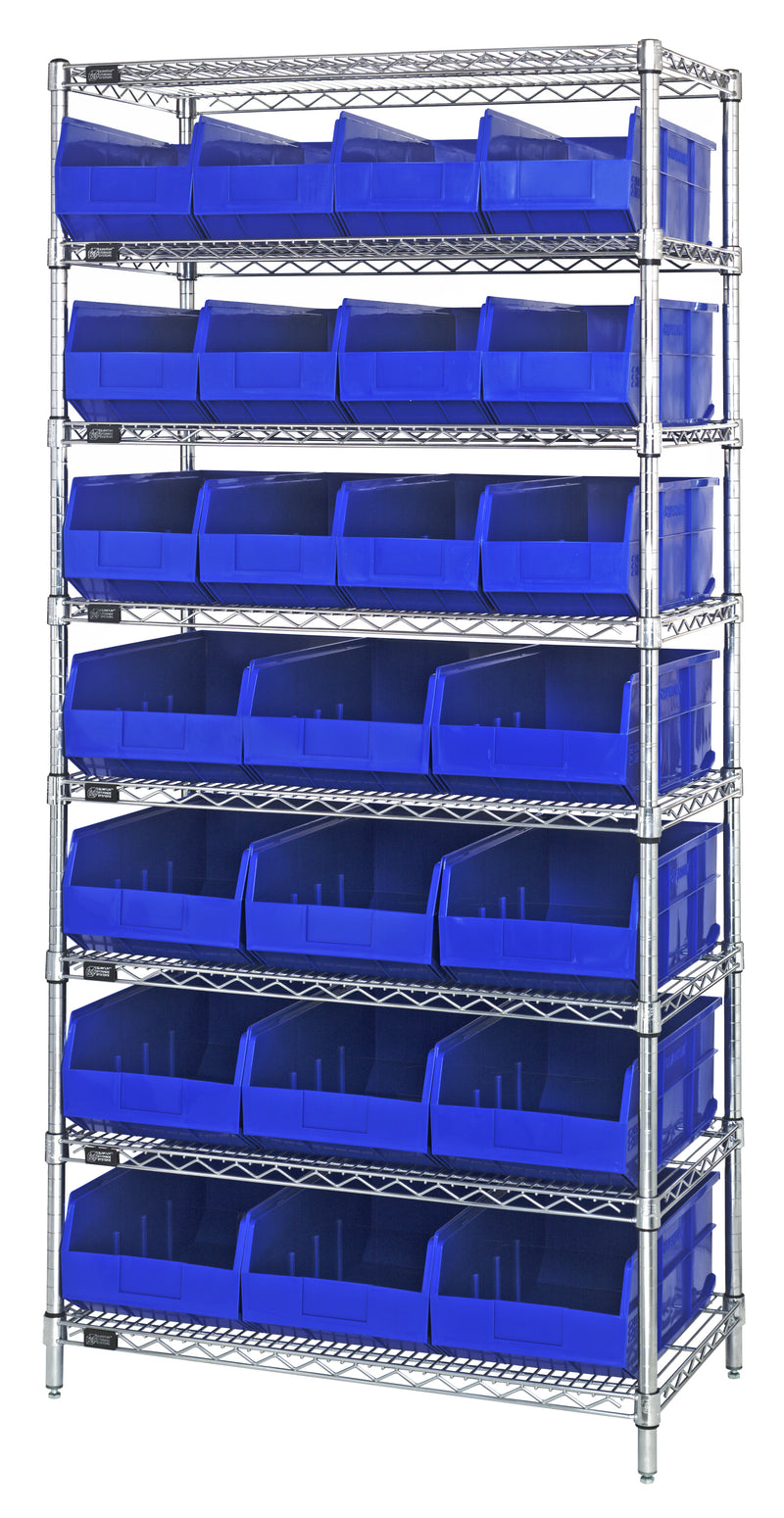 Quantum Wire Shelving with Stackable Shelf Bins – 21" x 36" x 74" – WR8-483485 – Blue