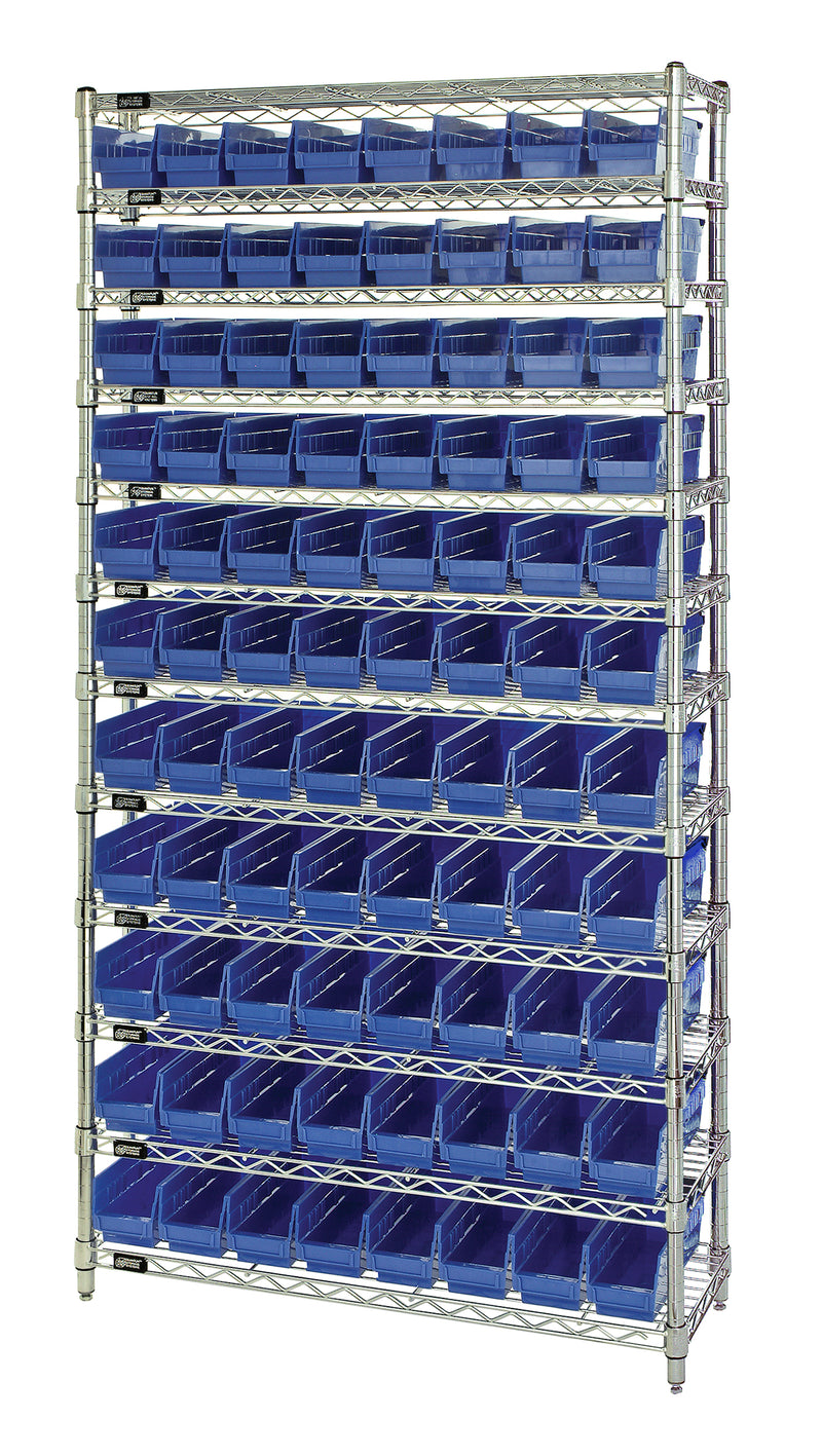 Quantum Economy 4" Shelf Bin Wire Shelving Systems with Bins – 24" x 36" x 74" – WR12-105 – Blue
