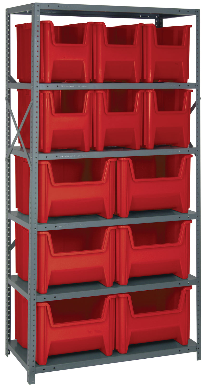 Quantum Giant Stack Steel Shelving with Bins – 18" x 36" x 75" – QSBU-600800 – Red
