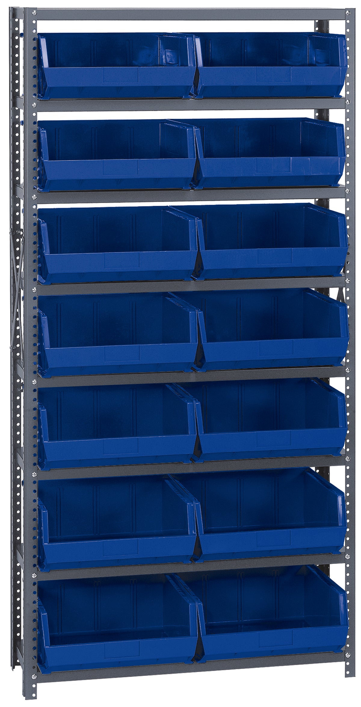 Metal shelving unit with blue storage bins on a gray background