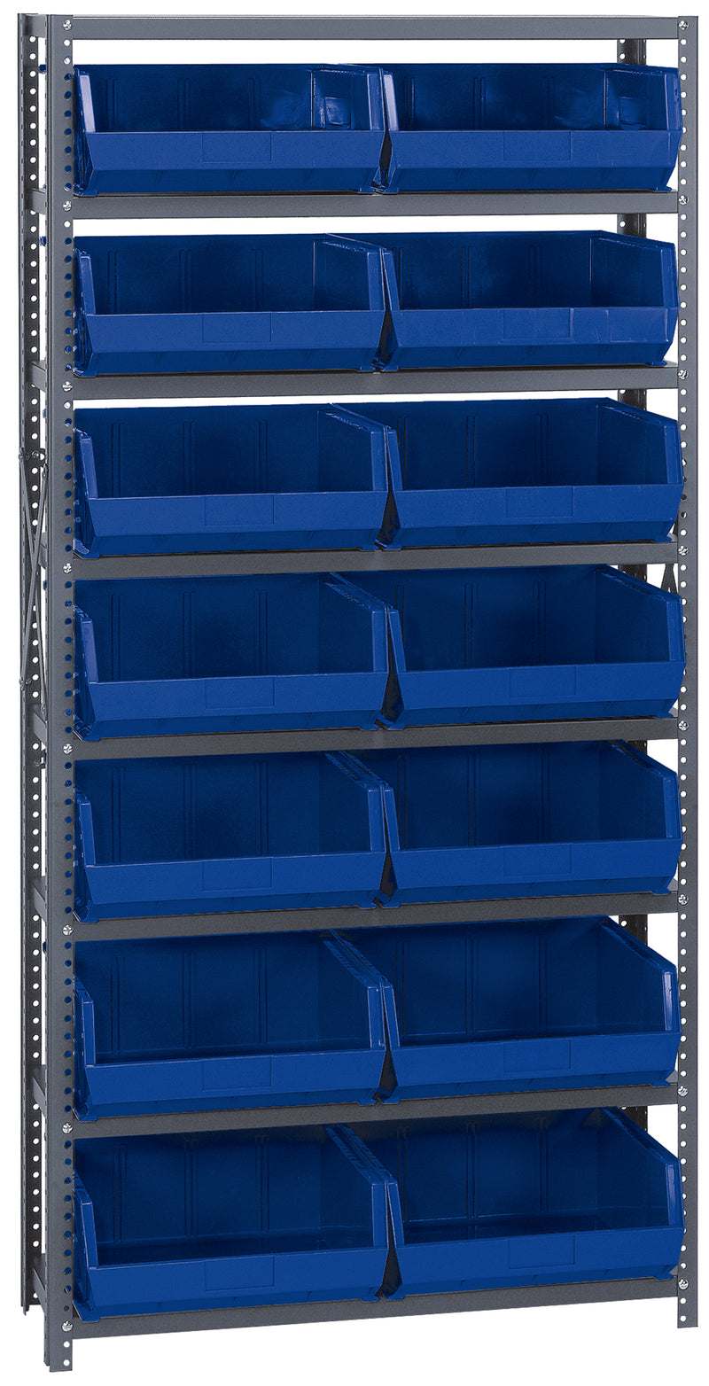 Metal shelving unit with blue storage bins on a gray background