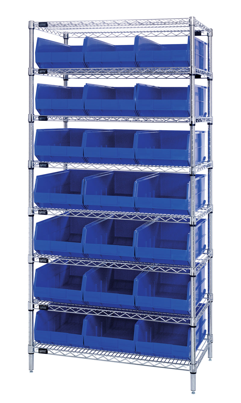 Quantum Wire Shelving with Stackable Shelf Bins – 21" x 36" x 74" – WR8-485 – Blue