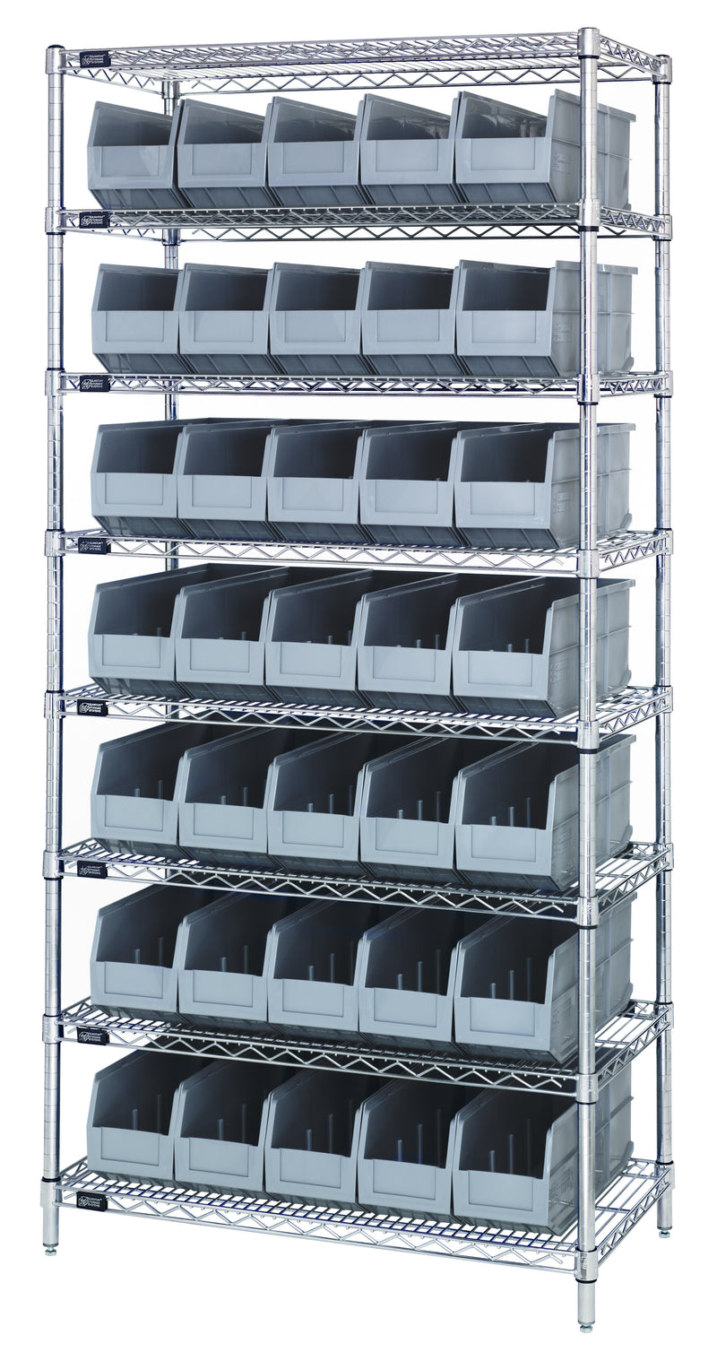 Quantum Wire Shelving with Stackable Shelf Bins – 14" x 36" x 74" – WR8-441 – Gray