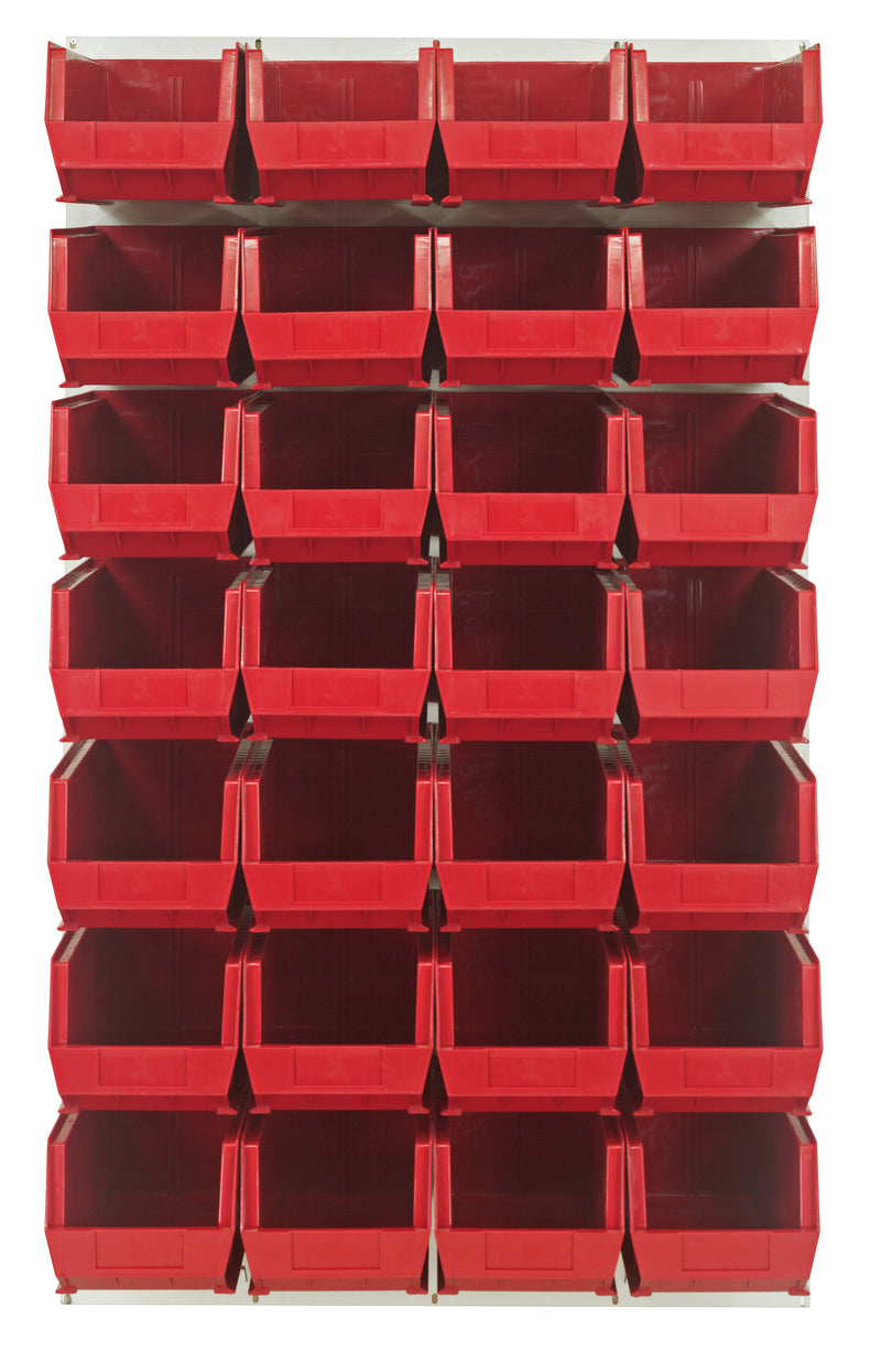 Quantum Louvered Panels with Bins – 36" x 61" – Oyster White – 28 QUS240 Bins – Red