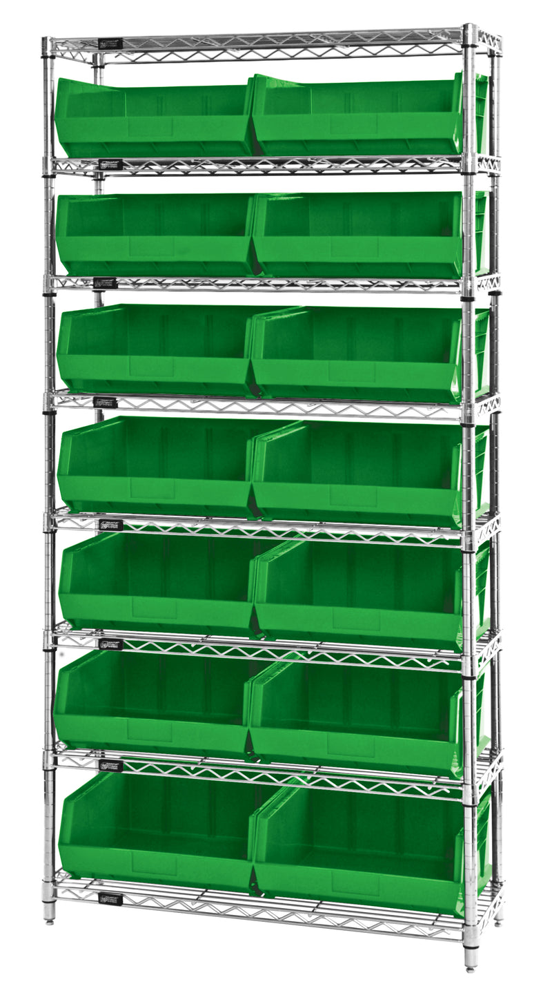 Quantum Stack & Hang Wire Shelving with Bins – 36" x 14" x 74" – WR8-250 – Green