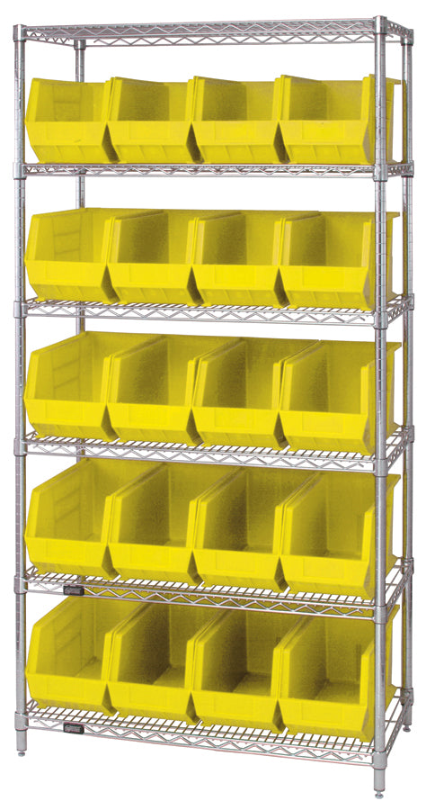 Quantum Stack & Hang Wire Shelving with Bins – 36" x 18" x 74" – WR6-265 – Yellow