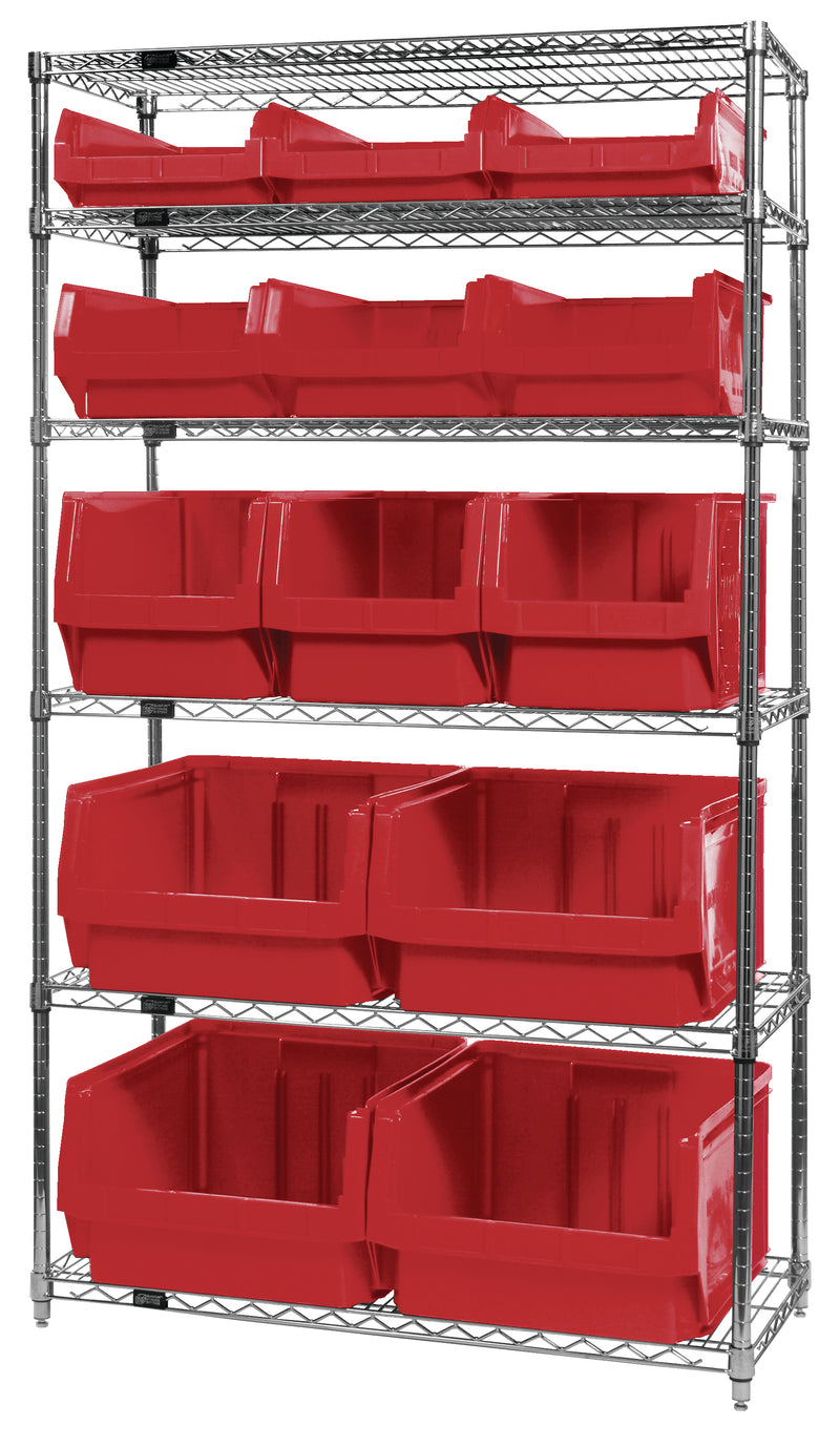 Quantum Magnum Wire Shelving Systems with Bins – 42" x 18" x 74" – WR6-13-MIX – Red