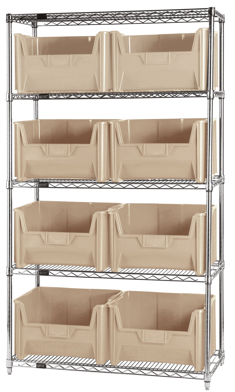 Quantum Giant Stack Wire Shelving with Bins – 42" x 18" x 74" – WR5-700 – Ivory