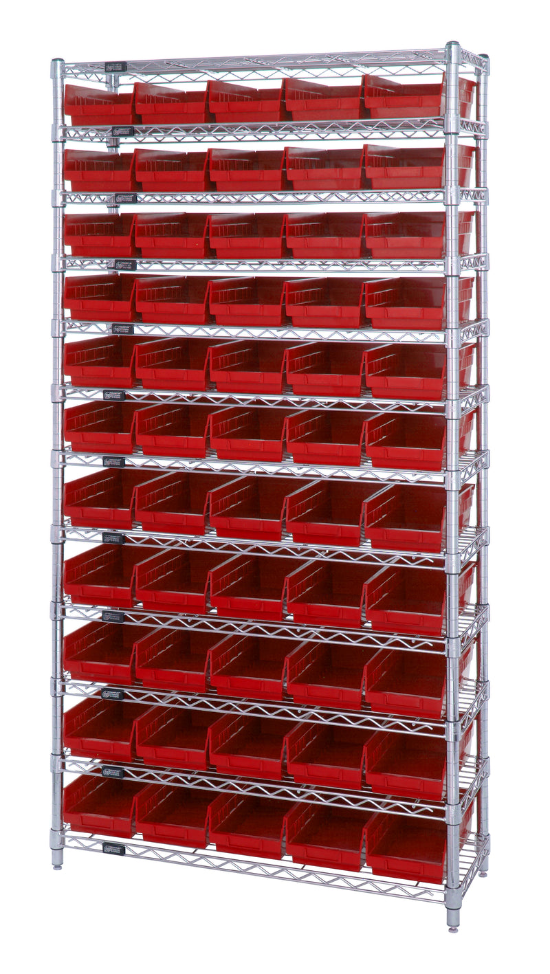 Quantum Economy 4" Shelf Bin Wire Shelving Systems with Bins – 18" x 36" x 74" – WR12-104 – Red