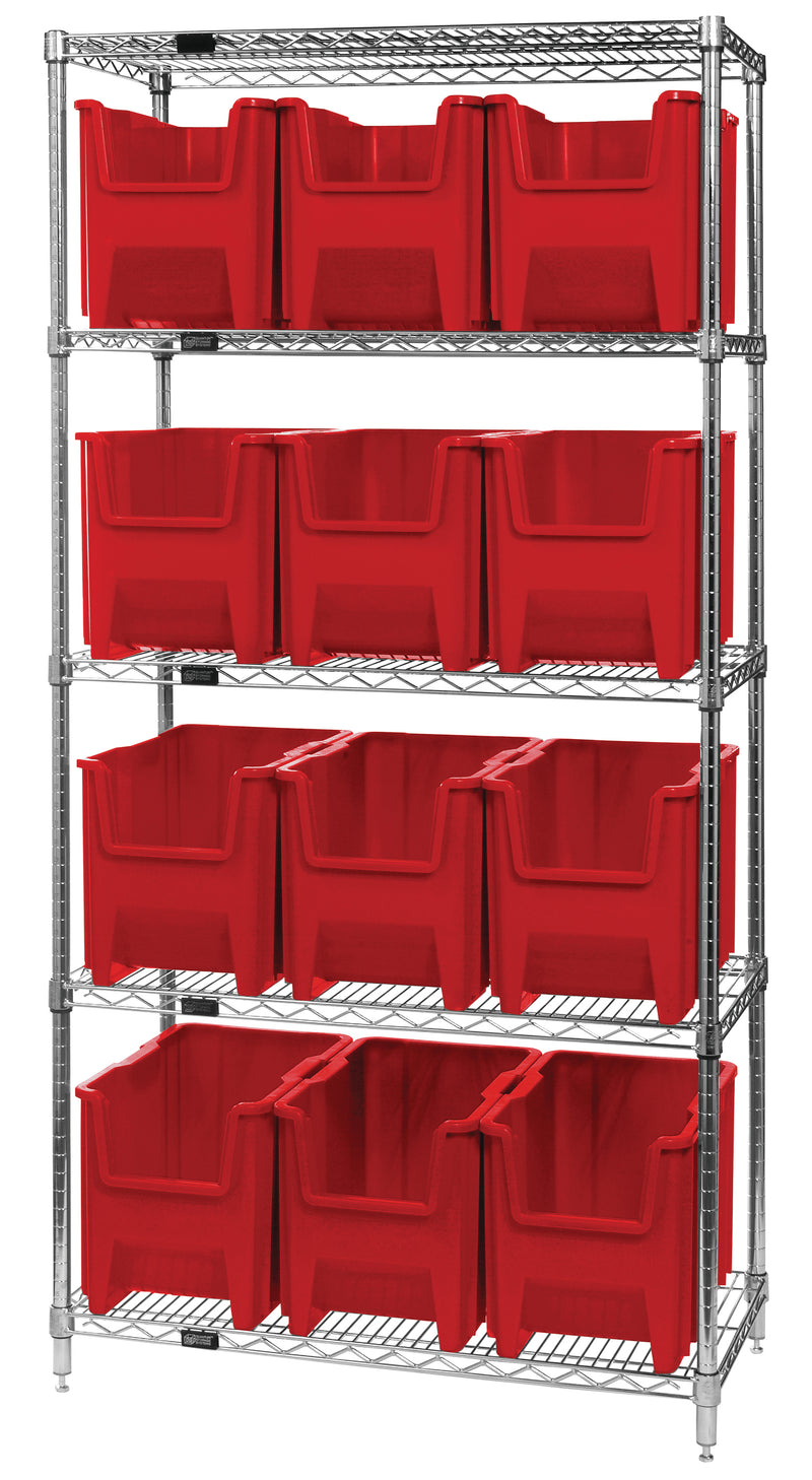 Quantum Giant Stack Wire Shelving with Bins – 36" x 18" x 74" – WR5-600 – Red