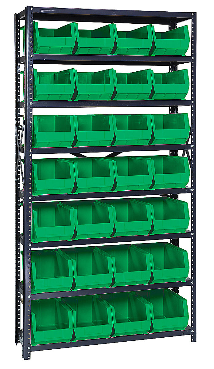 Quantum Stack & Hang Steel Shelving with Bins – 12" x 36" x 75" – QSBU-240 – Green