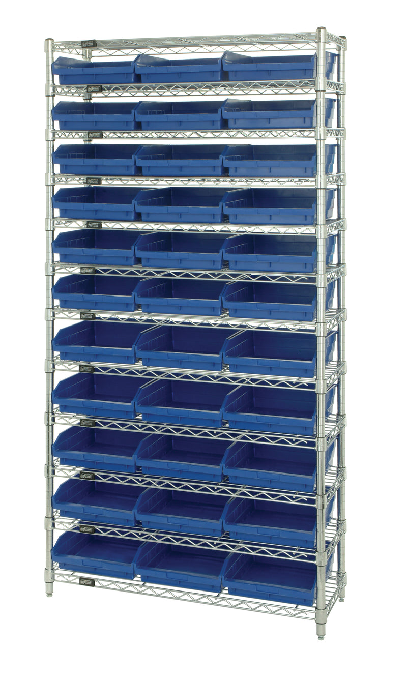 Quantum Economy 4" Shelf Bin Wire Shelving Systems with Bins – 24" x 36" x 74" – WR12-116 – Blue
