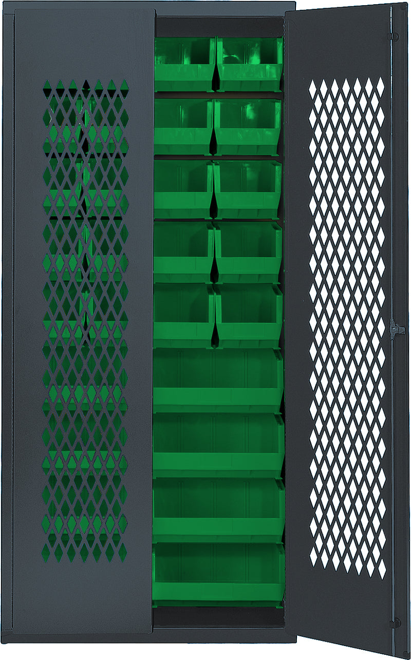 Quantum Storage Cabinets with Bins – 18" x 36" x 78" – MESH Series – MESH-240250 – Green