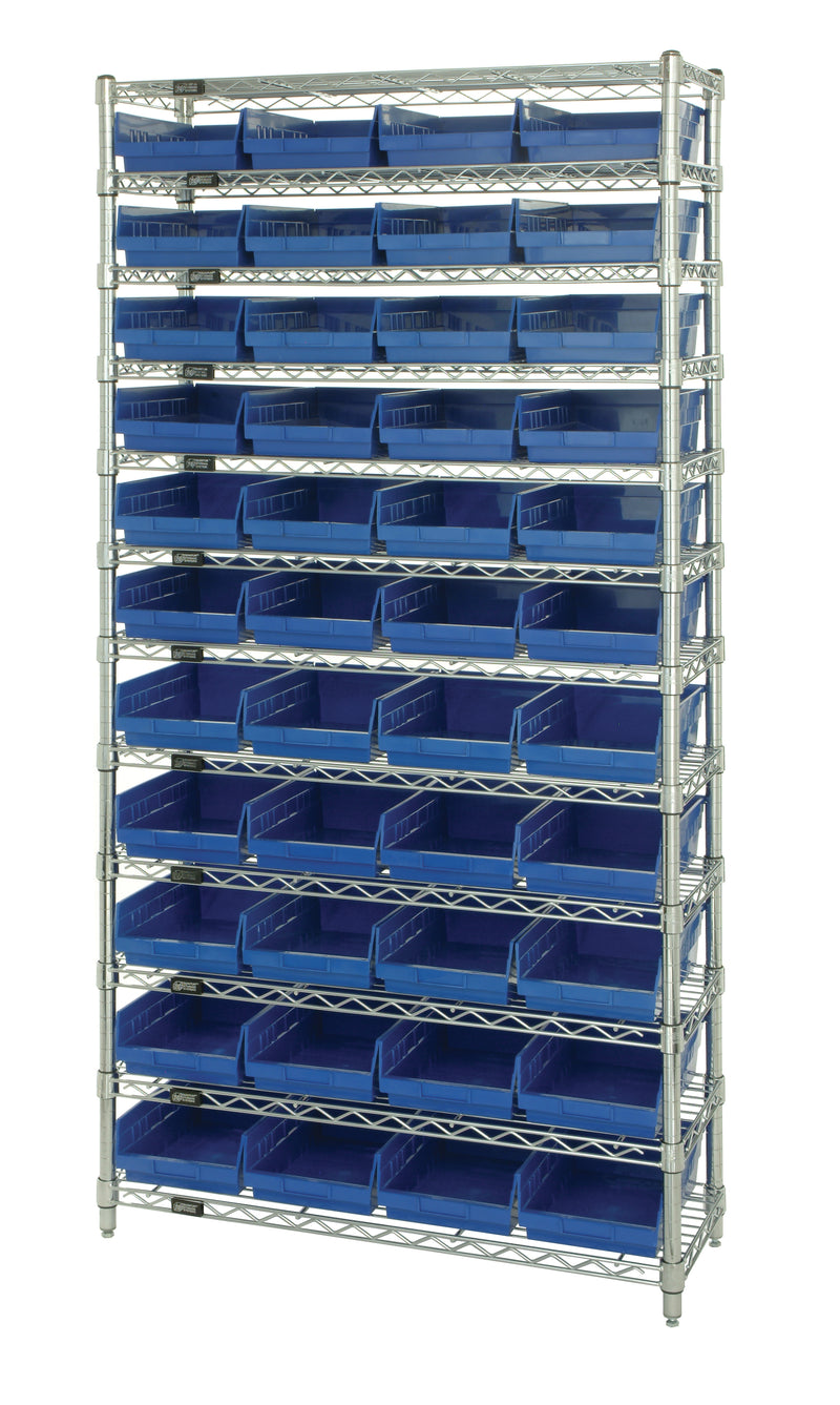 Quantum Economy 4" Shelf Bin Wire Shelving Systems with Bins – 18" x 36" x 74" – WR12-108 – Blue
